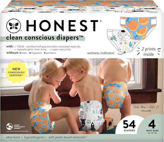 The Honest Company Clean Conscious Diapers for Sensitive Skin | Hypoallergenic, Fragrance Free | Gender Neutral Prints | Club Box, Size 4 (22-37 lbs), 54 Count