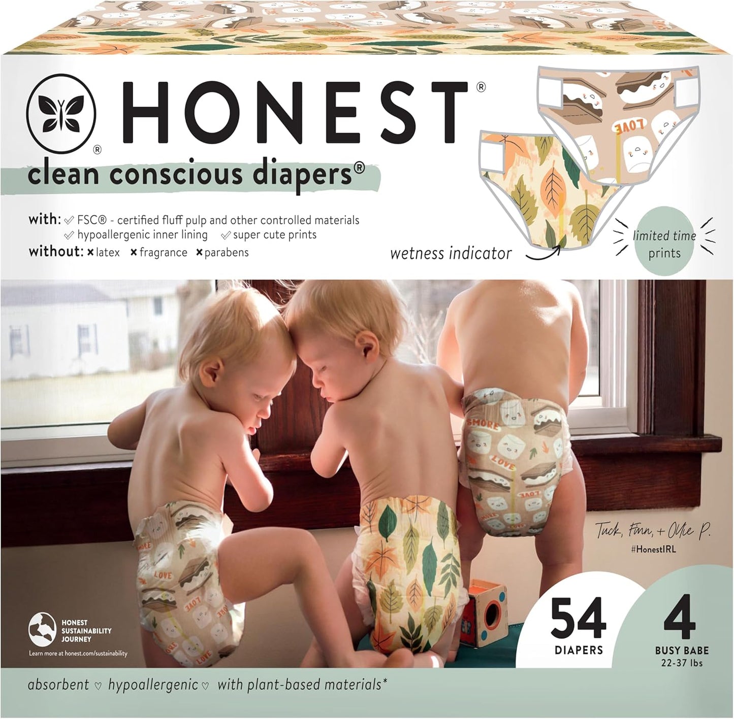 The Honest Company Clean Conscious Diapers | Plant-Based, Sustainable | Fall '24 Limited Edition Prints | Club Box, Size 4 (22-37 lbs), 54 Count