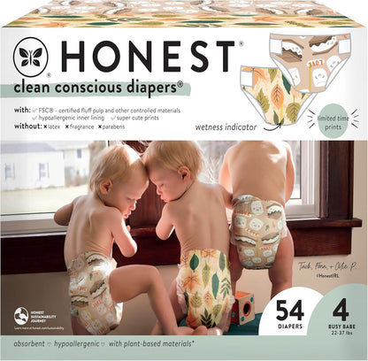 The Honest Company Clean Conscious Diapers | Plant-Based, Sustainable | Fall '24 Limited Edition Prints | Club Box, Size 4 (22-37 lbs), 54 Count