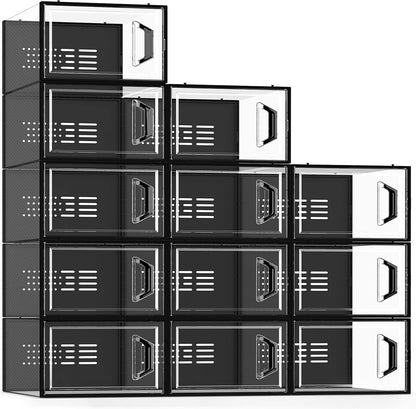 SEE SPRING Large 12 Pack Shoe Storage Box, Shoe Organizer for Closet, Clear Plastic Stackable Shoe Boxes, Space Saving Foldable Sneaker Shoe Rack Containers Bin Holder (Black)