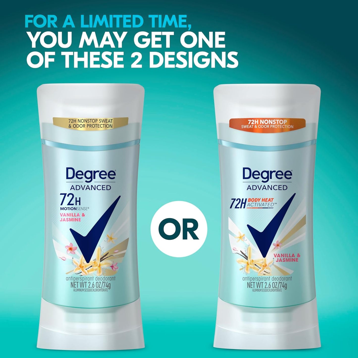 Degree Advanced Protection Antiperspirant Deodorant Vanilla & Jasmine for 72-Hour Sweat & Odor Control for Women, with Body Heat Activated Technology, 2.6 oz (Pack of 2)