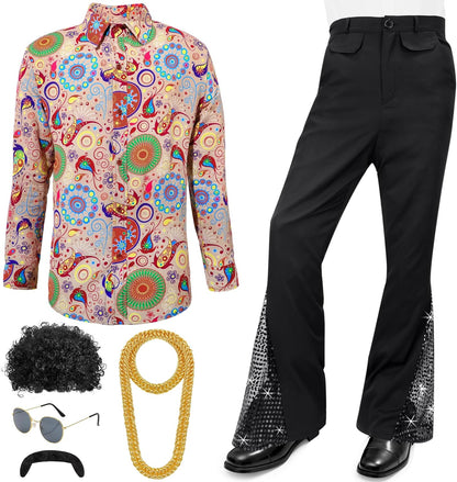 6 Pcs Men's 70s 80s Disco Outfit Costume Dance Bell Bottom Pants Retro Shirts Moustache Sunglasses Wigs Necklace(2 X-Large)