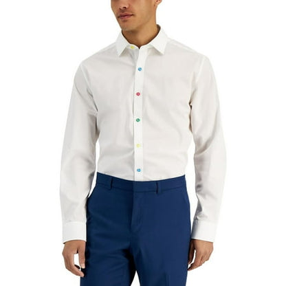 Bar III Mens Slim Fit Colored Buttons Dress Shirt White M