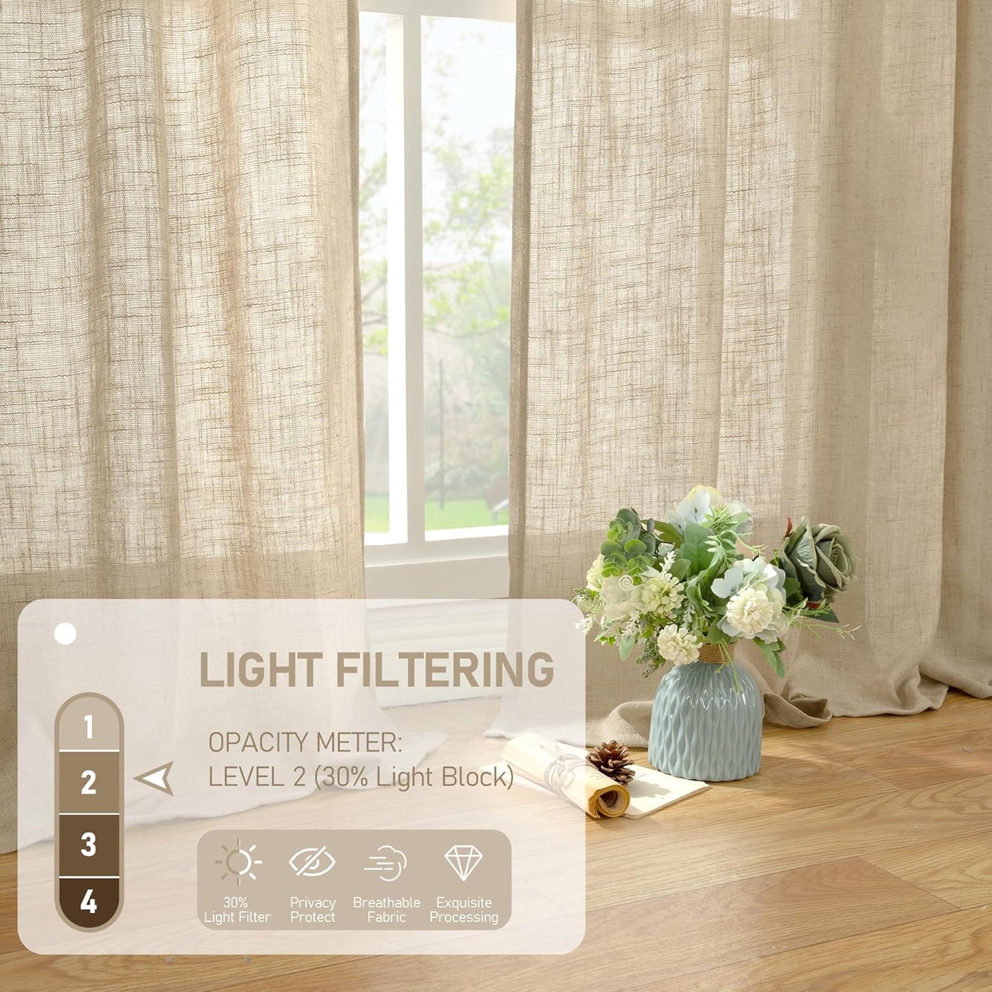 LAMIT Brown Linen Curtains 84 inches for Bedroom, Faux Linen Textured Light Filtering Drapes Back Tab and Rod Pocket Boho Burlap Panels for Farmhouse/Living Room, 2 Panels, 52 x 84 Inch
