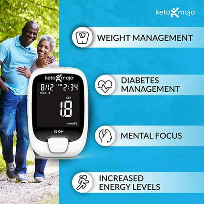 KETO-MOJO GK+ Glucose & Ketone Bluetooth Monitor + Free APP, 20 Test Strips (10 Each), Meter, 20 Lancets, Lancing Device, Control Solutions. Dual Blood Monitoring System for Ketosis &a