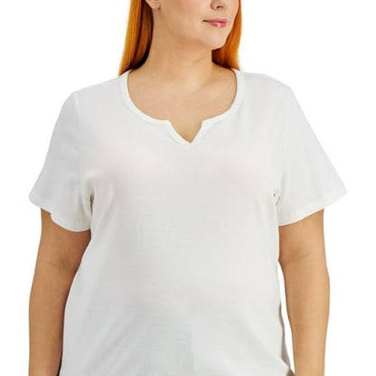Karen Scott Women's Cotton Split Neck Top White Size 3X