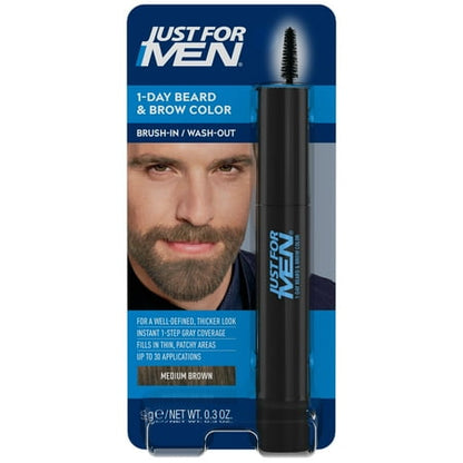 Just For Men 1-Day Beard & Brow Color, Temporary Dye for Beard and Eyebrows, Up to 30 Applications, Medium Brown