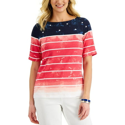 Karen Scott Womens Watercolor Flag Boatneck Top New Red Amore XS
