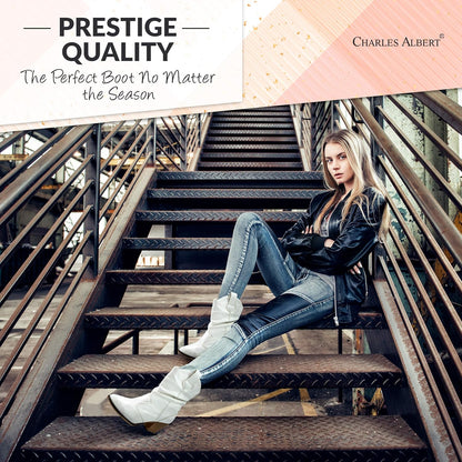 Charles Albert Women's Modern Western Cowboy Distressed Boot with Pull-Up Tabs, White, Ladies size 7