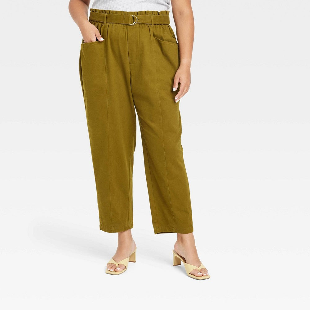 Women's Plus Size High-Rise Paperbag Belted Pants - Ava & Viv Olive Green 1X