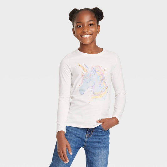 M Girls' Long Sleeve 'Unicorn' Graphic T-Shirt - Cat & Jack Cream, Ivory