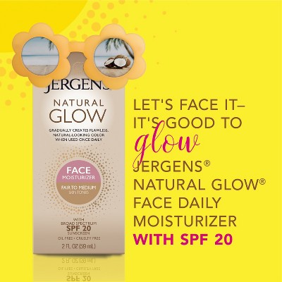 Jergens Natural Glow Face Moisturizer Fair To Medium Tone, Self Tanner, Daily Face Sunscreen - SPF 20 - 2 fl oz