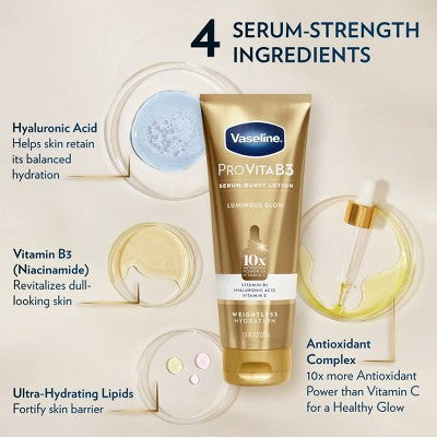 Vaseline Pro VitaB3 Serum Burst Lotion Luminous Glow - 10x Antioxidant Power of Vitamin C - 7.5 fl oz