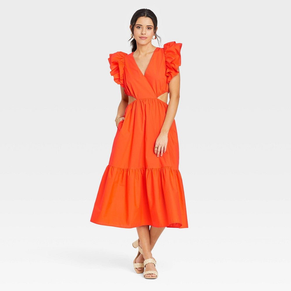 Women's Flutter Sleeveless Cut Out Dress - A New Day Orange M