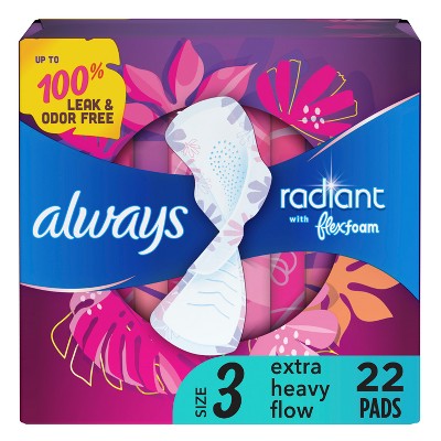 Always Radiant Extra Heavy Flow Absorbency with Flex Foam Pads - Scented - Size 3 - 22ct