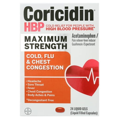 Coricidin HBP Maximum Strength Cold, Cough & Flu Medicine, Liquid Gels, 24 Ct