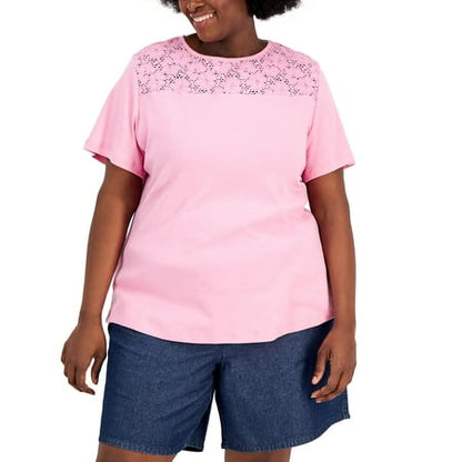 Karen Scott Plus Size Cotton Crochet Yoke Top Intrepid Blue 1X