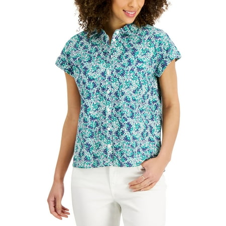 Style & Co Womens Spring Escape Printed Cotton Button Front Top Bright White Combo XS