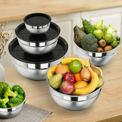 TINANA Mixing Bowls with Lids: 20 Pcs Stainless Steel Mixing Bowls Set with Rubber Bottom, 7, 4, 3.5, 2.5, 2, 1.5QT Metal Mixing Bowls for Kitchen, Black