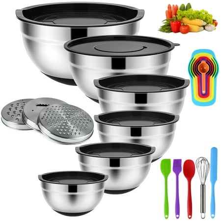 TINANA Mixing Bowls with Lids: 20 Pcs Stainless Steel Mixing Bowls Set with Rubber Bottom, 7, 4, 3.5, 2.5, 2, 1.5QT Metal Mixing Bowls for Kitchen, Black