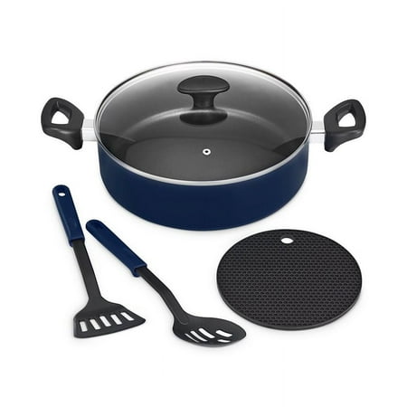 Bella 5 Piece Pan Set Nonstick Cookware for Everyday Cooking Pan with Lid, Navy Blue