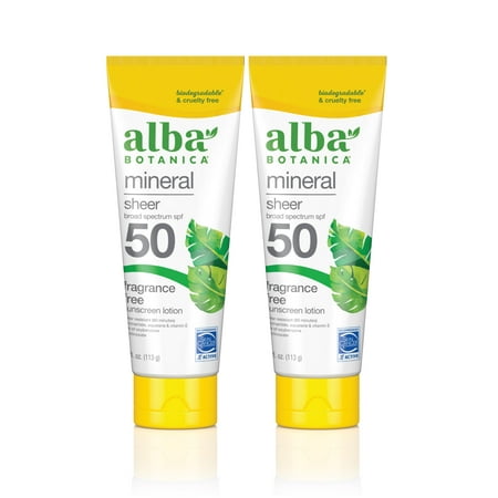Alba Botanica Mineral Sunscreen Lotion, Broad Spectrum SPF 50 Sunscreen, Water Resistant and Biodegradable, 4 fl. oz. (Pack of 2)