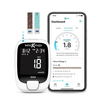 KETO-MOJO GK+ Glucose & Ketone Bluetooth Monitor + Free APP, 20 Test Strips (10 Each), Meter, 20 Lancets, Lancing Device, Control Solutions. Dual Blood Monitoring System for Ketosis &a