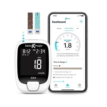 KETO-MOJO GK+ Glucose & Ketone Bluetooth Monitor + Free APP, 20 Test Strips (10 Each), Meter, 20 Lancets, Lancing Device, Control Solutions. Dual Blood Monitoring System for Ketosis &a