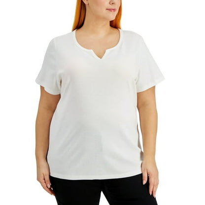 Karen Scott Women's Cotton Split Neck Top White Size 3X