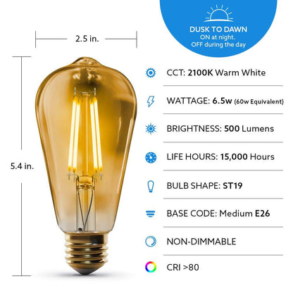 60-Watt Equivalent ST19 Straight Filament Dusk to Dawn Amber Glass E26 Vintage Edison LED Light Bulb, Warm White