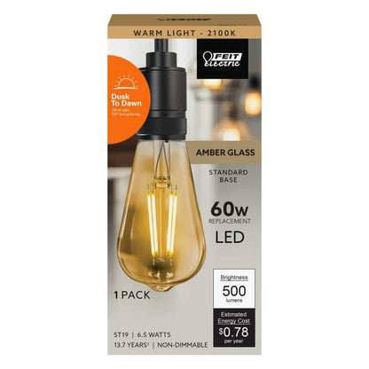 60-Watt Equivalent ST19 Straight Filament Dusk to Dawn Amber Glass E26 Vintage Edison LED Light Bulb, Warm White