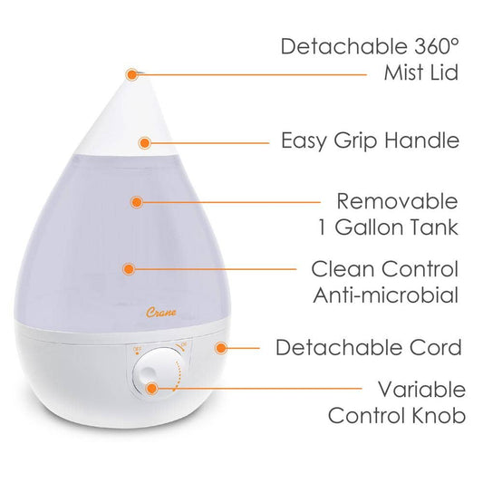 1 Gal. Drop Ultrasonic Cool Mist Humidifier for Medium to Large Rooms up to 500 sq. ft. - White
