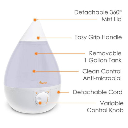1 Gal. Drop Ultrasonic Cool Mist Humidifier for Medium to Large Rooms up to 500 sq. ft. - White